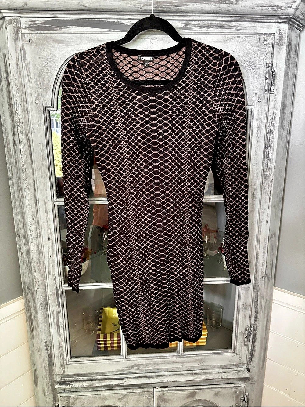 Express Geometric Long Sleeve Mini Dress in Black & Pink
